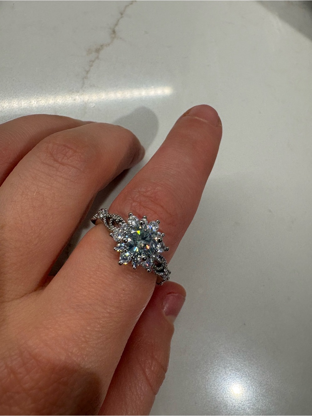 Silver Florale Halo Ring with Clear Center Stone